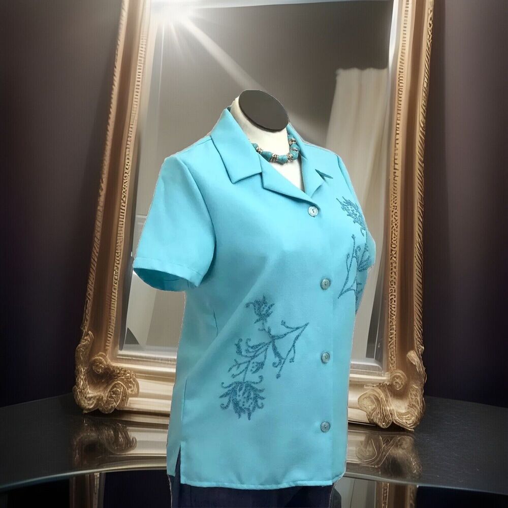 Sara Morgan Blouse Womens 12 Teal Floral Short Sleeve Career Casual Button Up